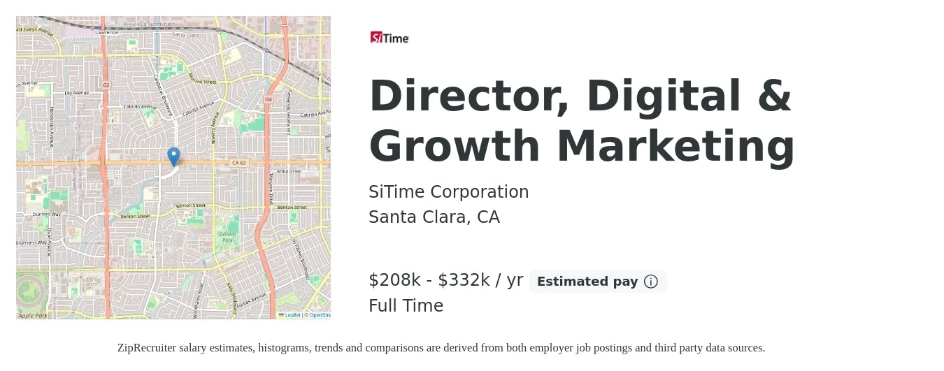SiTime Corporation job posting for a Director, Digital & Growth Marketing in Santa Clara, CA with a salary of $208,000 to $332,000 Yearly with a map of Santa Clara location.