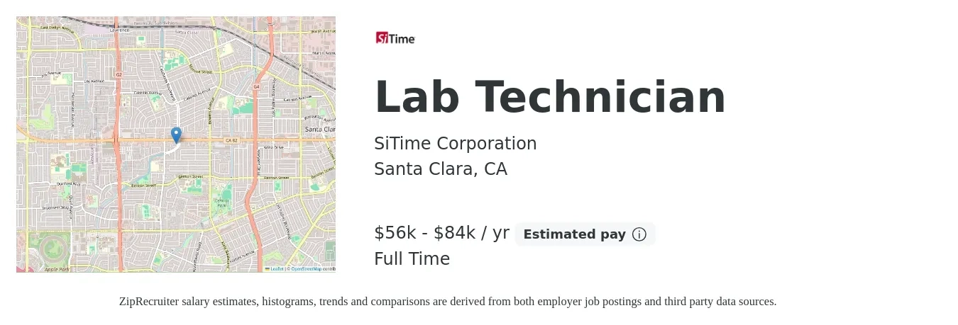 SiTime Corporation job posting for a Lab Technician in Santa Clara, CA with a salary of $56,000 to $84,000 Yearly with a map of Santa Clara location.