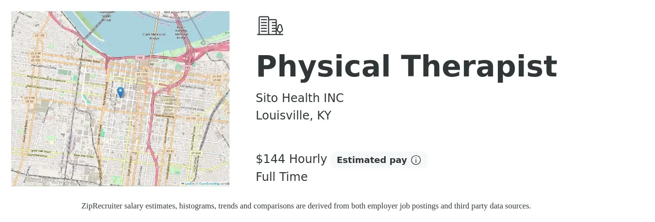 Sito Health INC job posting for a Physical Therapist in Louisville, KY with a salary of $150 Hourly (plus commission) with a map of Louisville location.