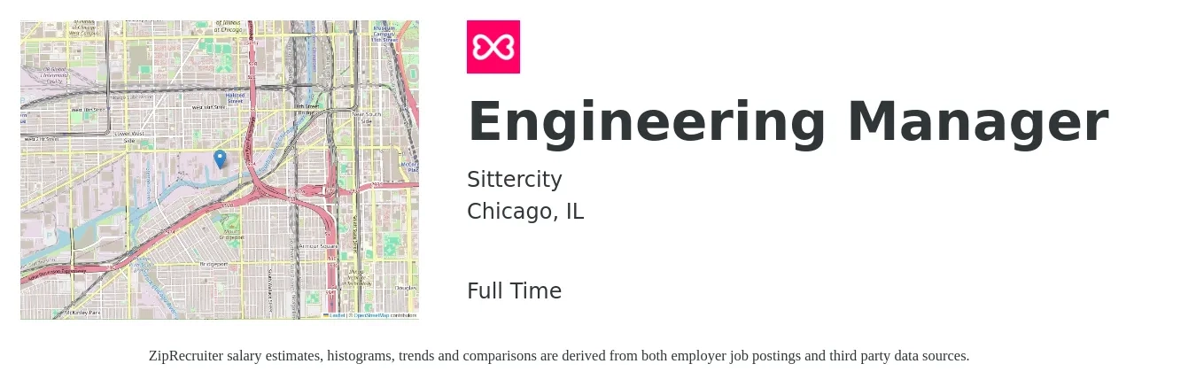 Sittercity job posting for a Engineering Manager in Chicago, IL with a salary of $120,000 to $178,200 Yearly with a map of Chicago location.