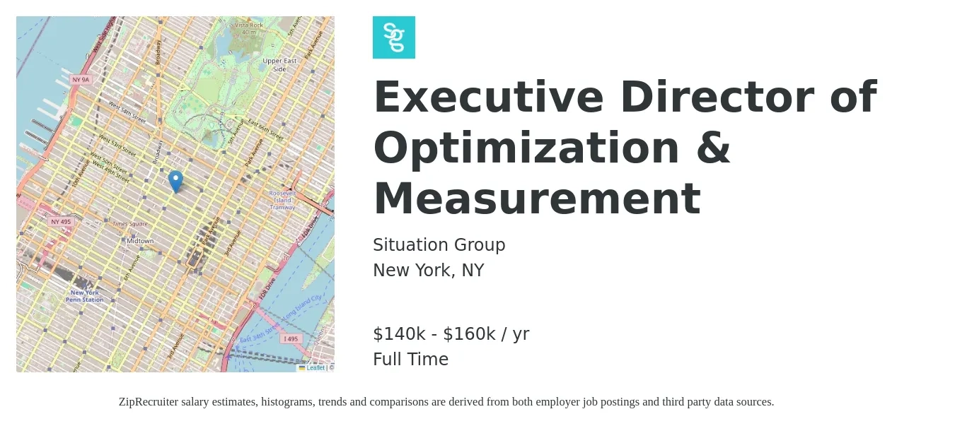 Situation Group job posting for a Executive Director of Optimization & Measurement in New York, NY with a salary of $140,000 to $160,000 Yearly with a map of New York location.