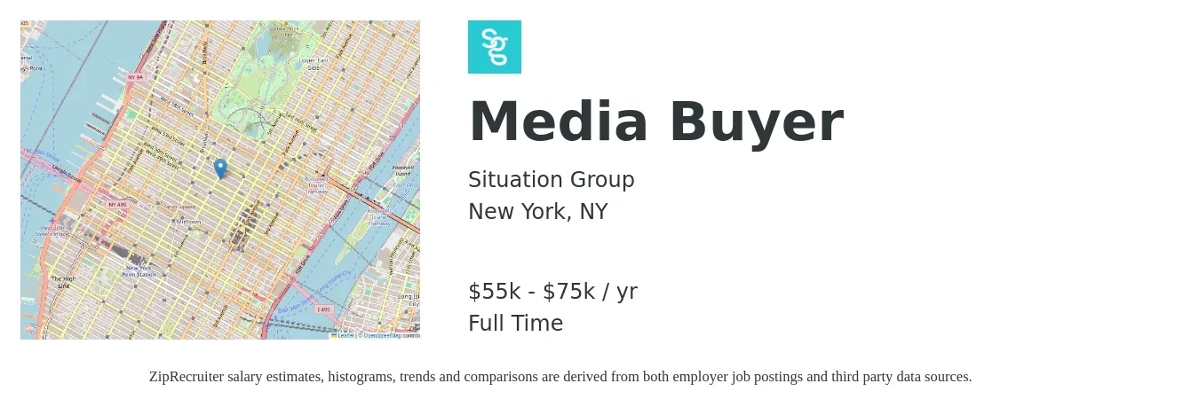 Situation Group job posting for a Media Buyer in New York, NY with a salary of $55,000 to $75,000 Yearly with a map of New York location.