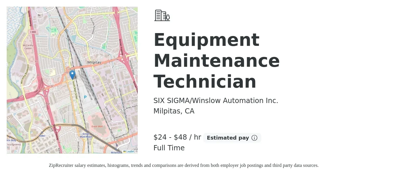 SIX SIGMA/Winslow Automation Inc. job posting for a Equipment Maintenance Technician in Milpitas, CA with a salary of $25 to $50 Hourly with a map of Milpitas location.