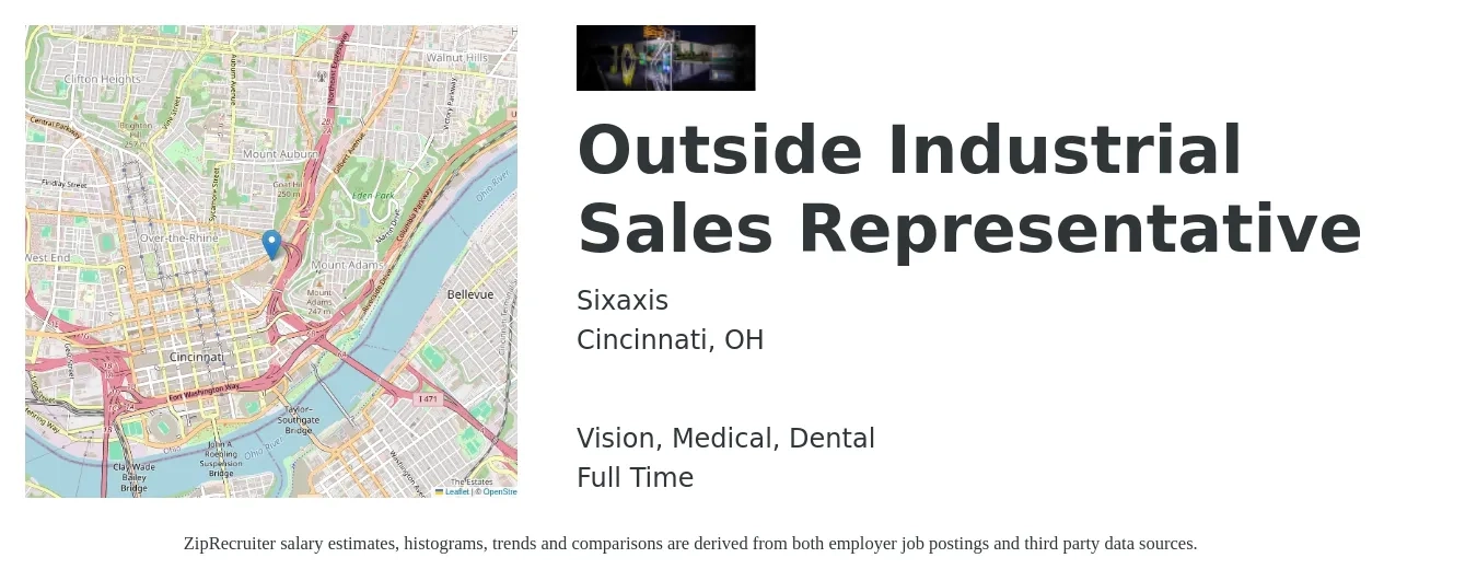 Sixaxis job posting for a Outside Industrial Sales Representative in Cincinnati, OH with a salary of $47,000 to $67,200 Yearly and benefits including life_insurance, medical, retirement, vision, and dental with a map of Cincinnati location.