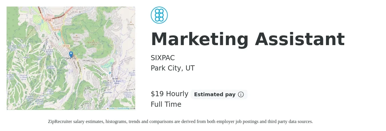 SIXPAC job posting for a Marketing Assistant in Park City, UT with a salary of $20 Hourly (plus commission) with a map of Park City location.