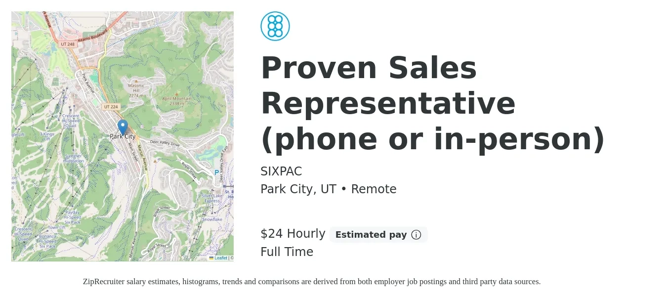 SIXPAC job posting for a Proven Sales Representative (phone or in-person) in Park City, UT with a salary of $25 Hourly (plus commission) with a map of Park City location.