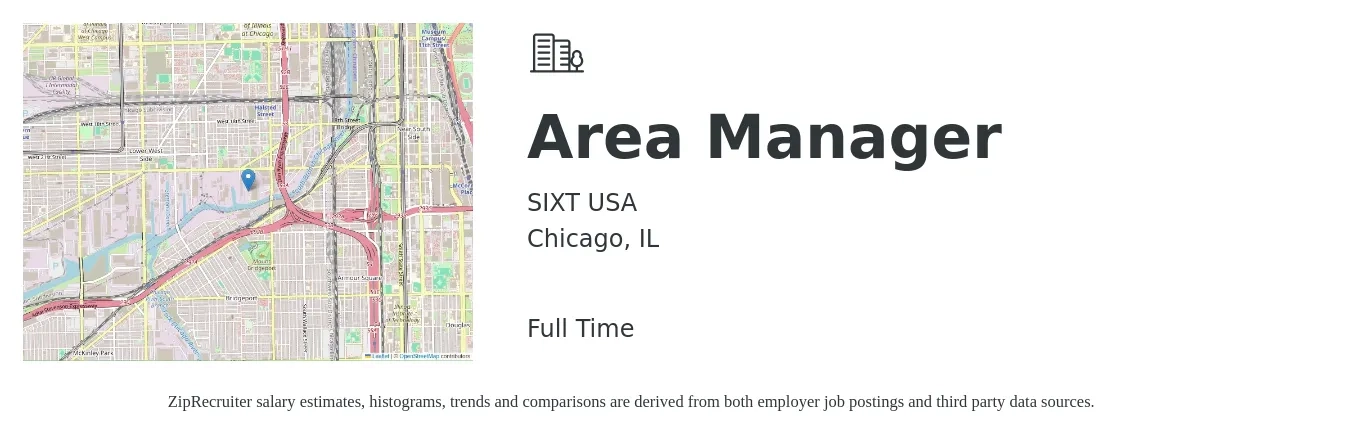 SIXT USA job posting for a Area Manager in Chicago, IL with a salary of $39,700 to $73,700 Yearly with a map of Chicago location.