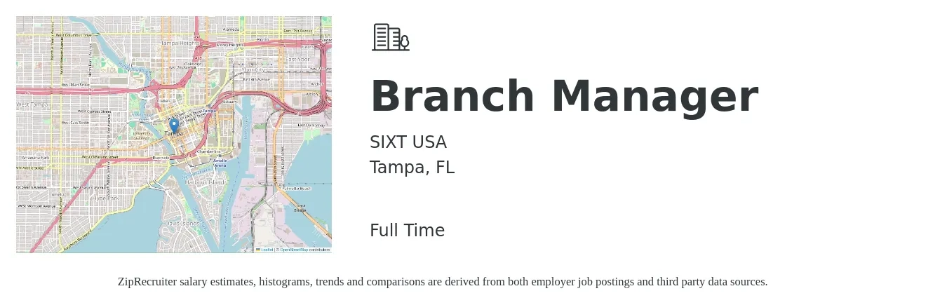 SIXT USA job posting for a Branch Manager in Tampa, FL with a salary of $53,900 to $81,300 Yearly with a map of Tampa location.
