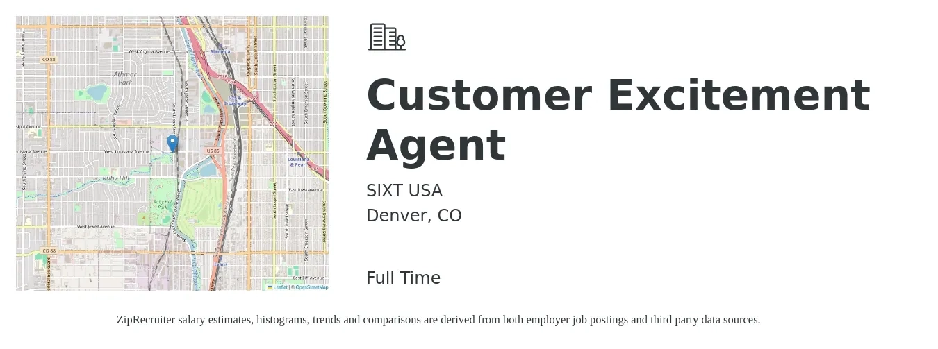 SIXT USA job posting for a Customer Excitement Agent in Denver, CO with a salary of $16 to $21 Hourly with a map of Denver location.