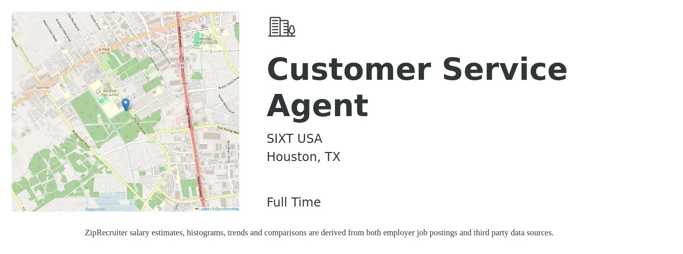SIXT USA job posting for a Customer Service Agent in Houston, TX with a salary of $13 to $18 Hourly with a map of Houston location.