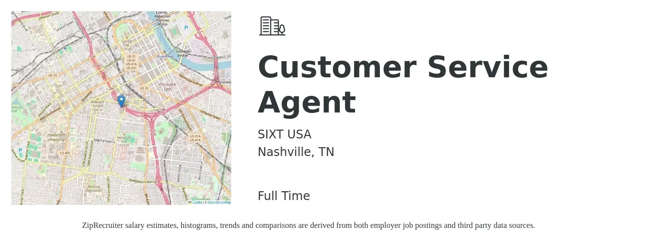 SIXT USA job posting for a Customer Service Agent in Nashville, TN with a salary of $15 to $20 Hourly with a map of Nashville location.
