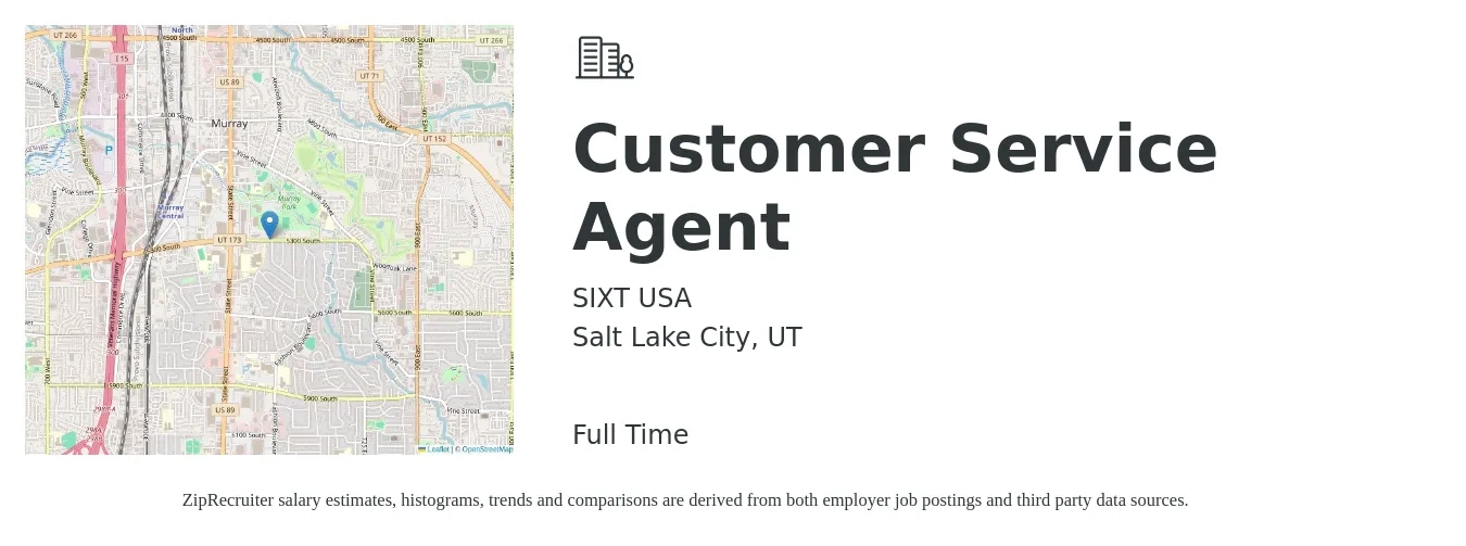 SIXT USA job posting for a Customer Service Agent in Salt Lake City, UT with a salary of $15 to $20 Hourly with a map of Salt Lake City location.