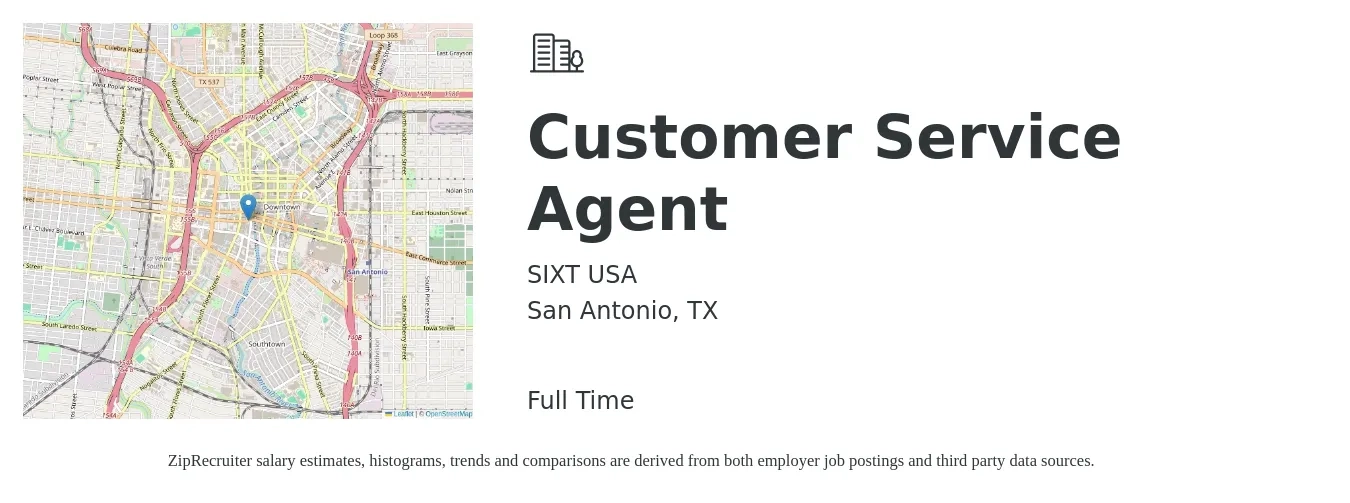 SIXT USA job posting for a Customer Service Agent in San Antonio, TX with a salary of $14 to $19 Hourly with a map of San Antonio location.