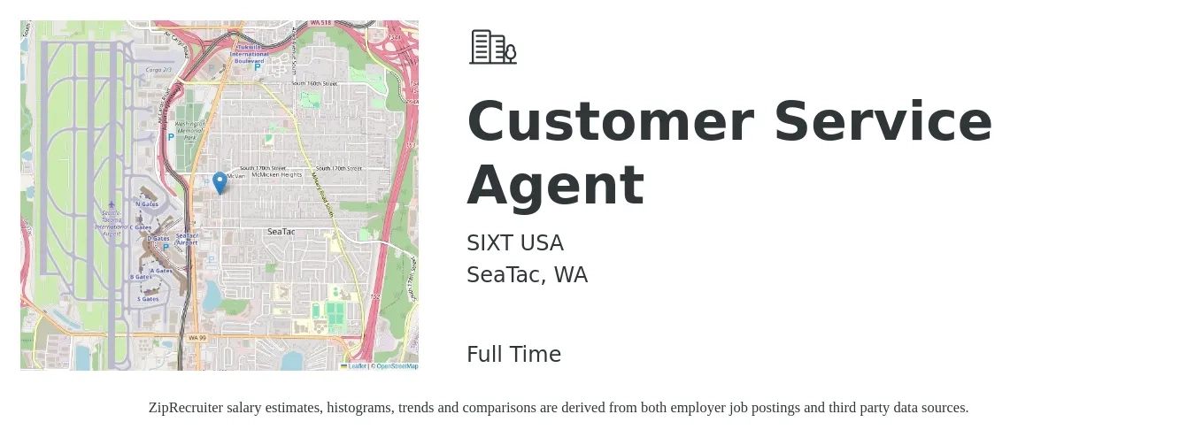 SIXT USA job posting for a Customer Service Agent in SeaTac, WA with a salary of $17 to $23 Hourly with a map of SeaTac location.