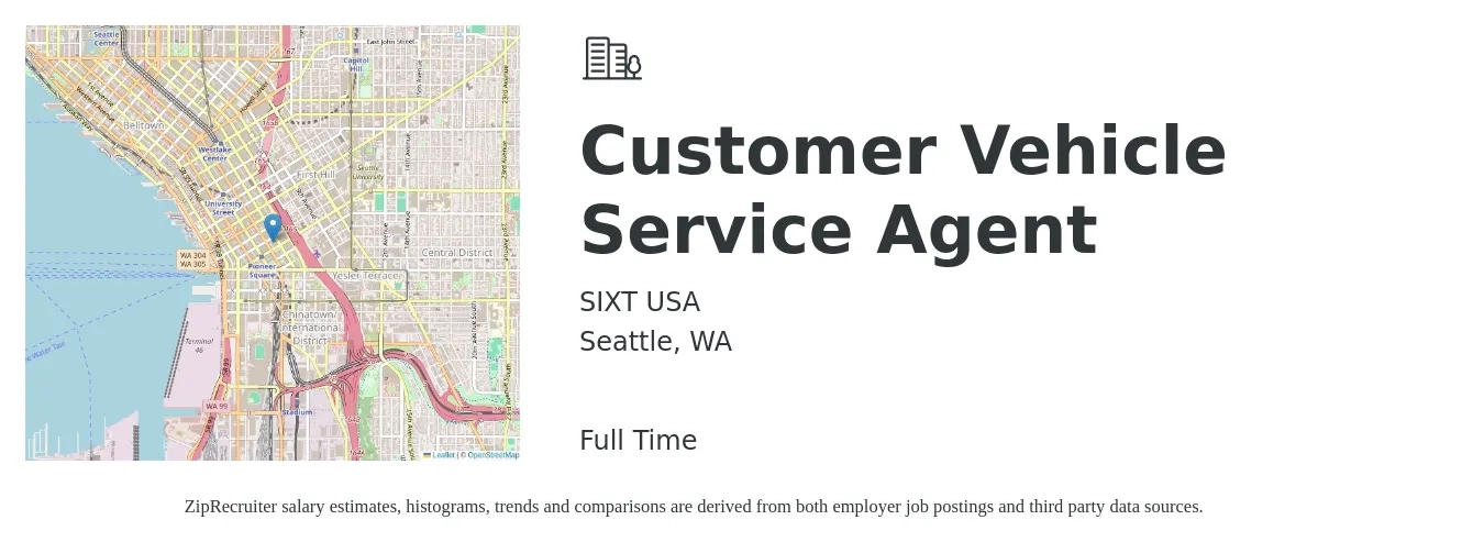 SIXT USA job posting for a Customer Vehicle Service Agent in Seattle, WA with a salary of $18 to $24 Hourly with a map of Seattle location.