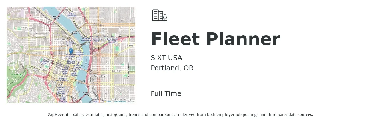 SIXT USA job posting for a Fleet Planner in Portland, OR with a salary of $20 to $25 Hourly with a map of Portland location.