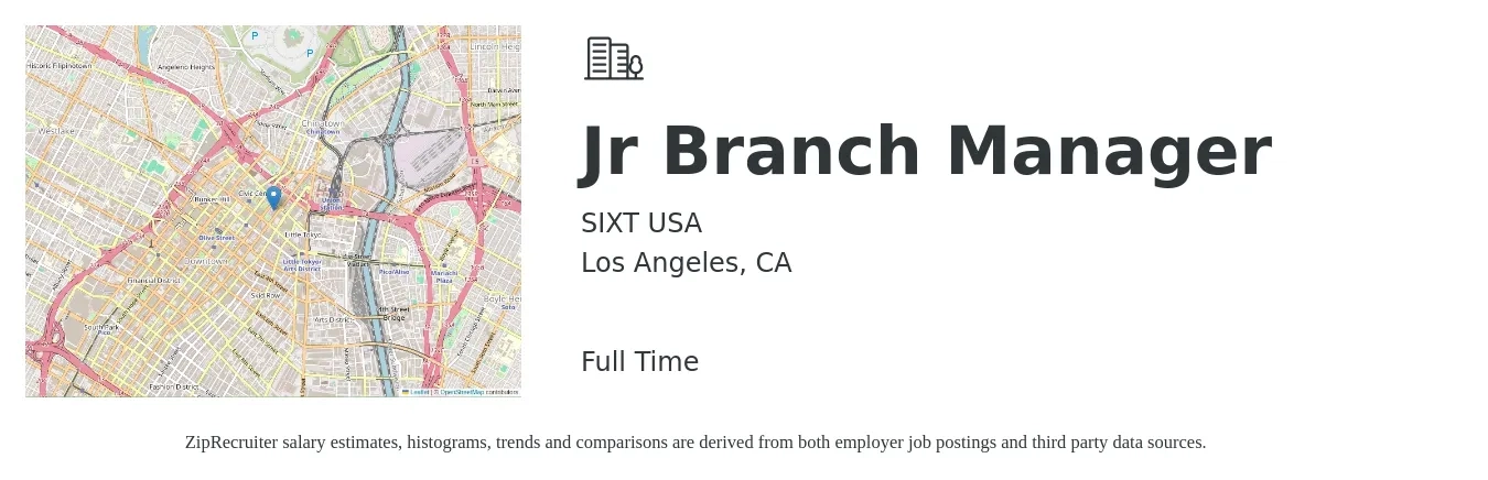 SIXT USA job posting for a Jr Branch Manager in Los Angeles, CA with a salary of $61,400 to $92,700 Yearly with a map of Los Angeles location.