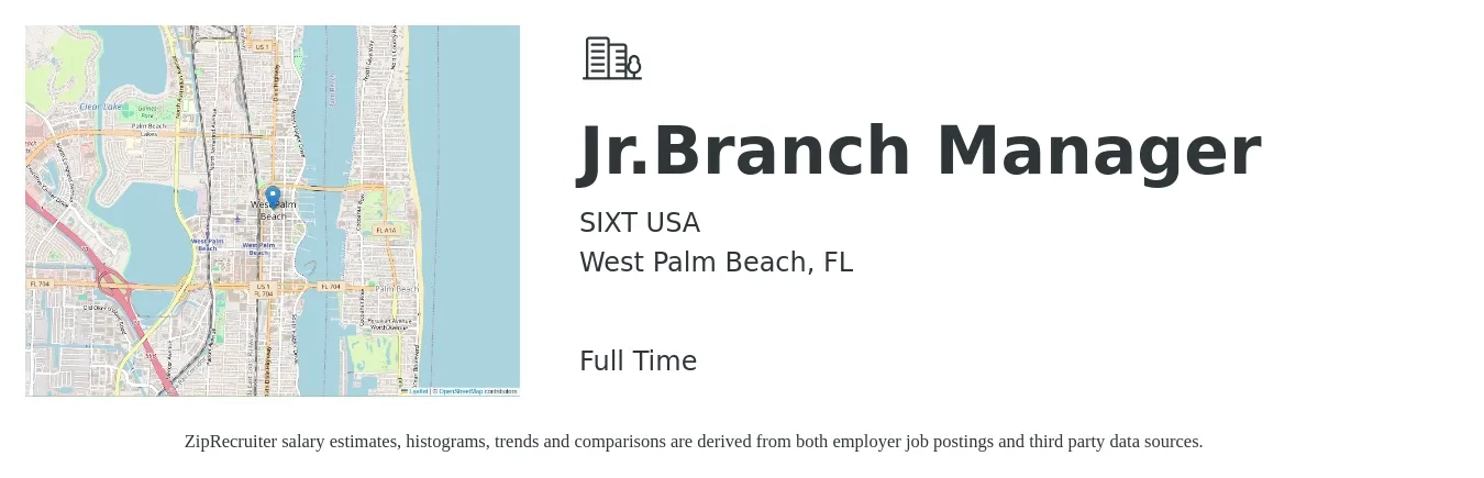 SIXT USA job posting for a Jr.Branch Manager in West Palm Beach, FL with a salary of $55,100 to $83,200 Yearly with a map of West Palm Beach location.