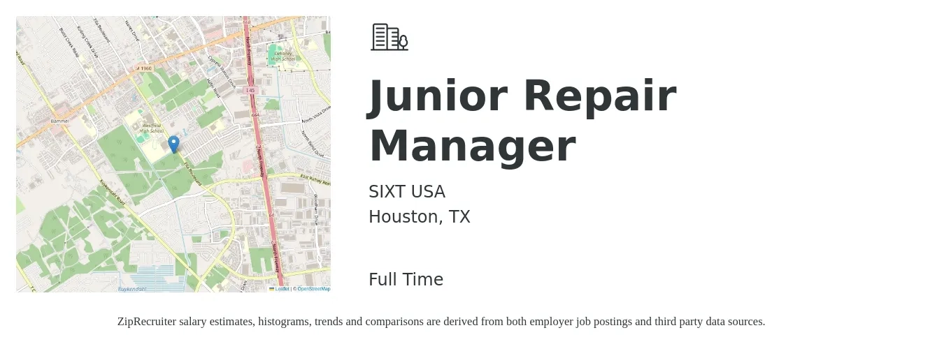 SIXT USA job posting for a Junior Repair Manager in Houston, TX with a salary of $31,000 to $49,500 Yearly with a map of Houston location.