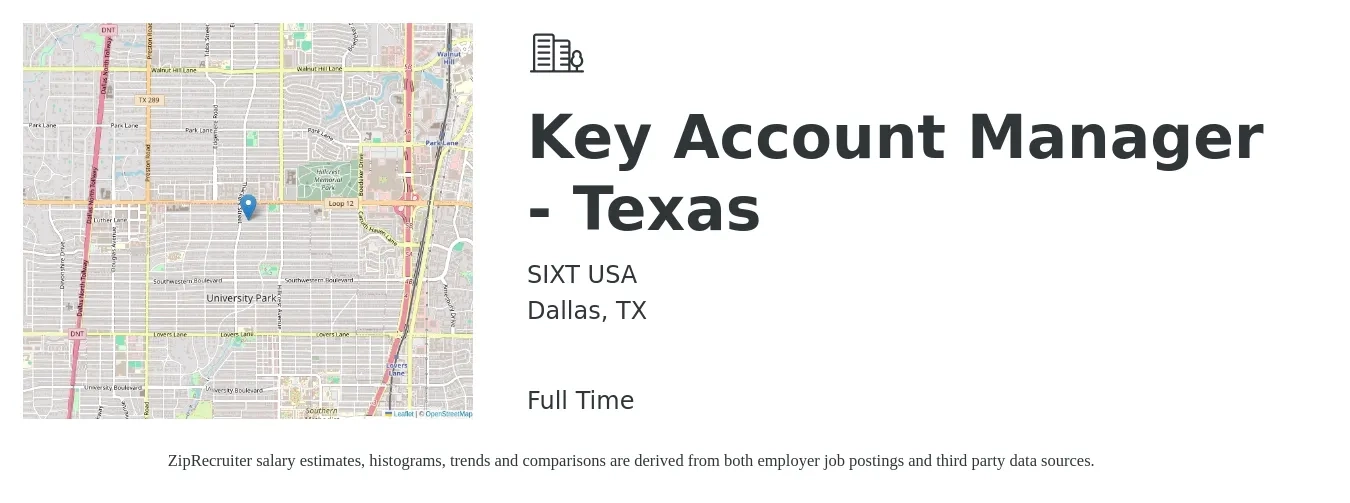 SIXT USA job posting for a Key Account Manager - Texas in Dallas, TX with a salary of $72,200 to $109,800 Yearly with a map of Dallas location.