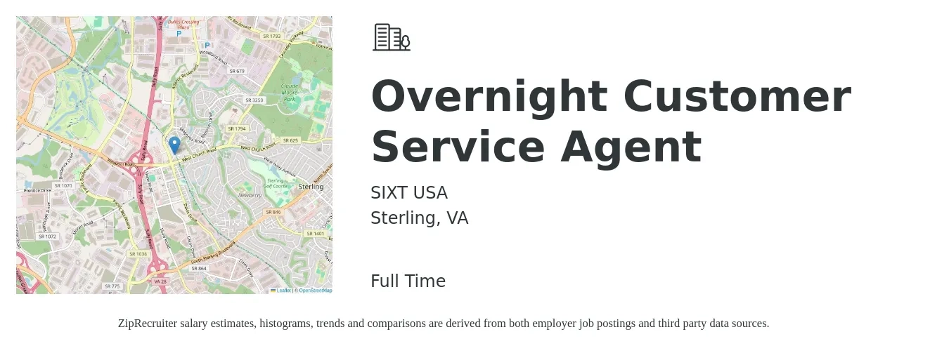 SIXT USA job posting for a Overnight Customer Service Agent in Sterling, VA with a salary of $16 to $21 Hourly with a map of Sterling location.