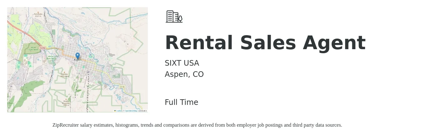 SIXT USA job posting for a Rental Sales Agent in Aspen, CO with a salary of $19 to $64 Hourly with a map of Aspen location.