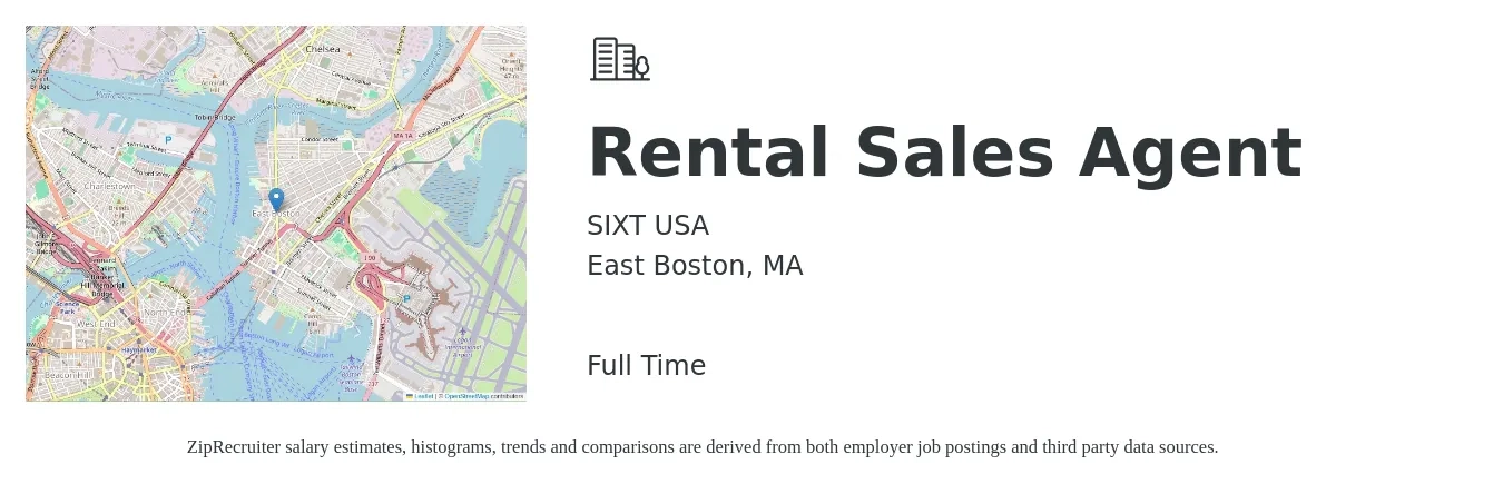 SIXT USA job posting for a Rental Sales Agent in East Boston, MA with a salary of $18 to $58 Hourly with a map of East Boston location.