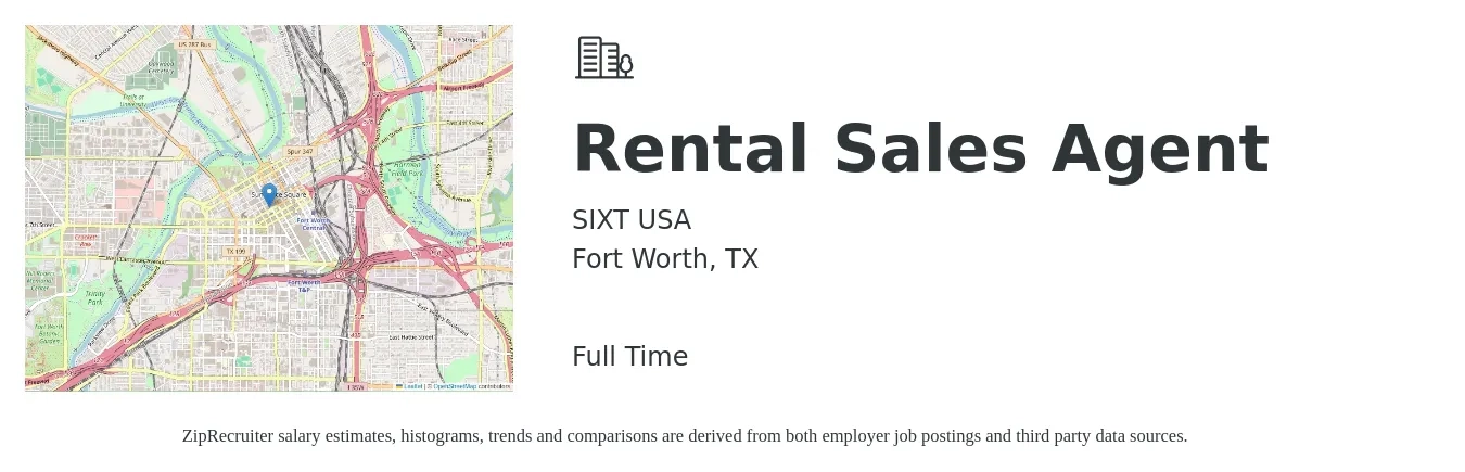 SIXT USA job posting for a Rental Sales Agent in Fort Worth, TX with a salary of $15 to $51 Hourly with a map of Fort Worth location.