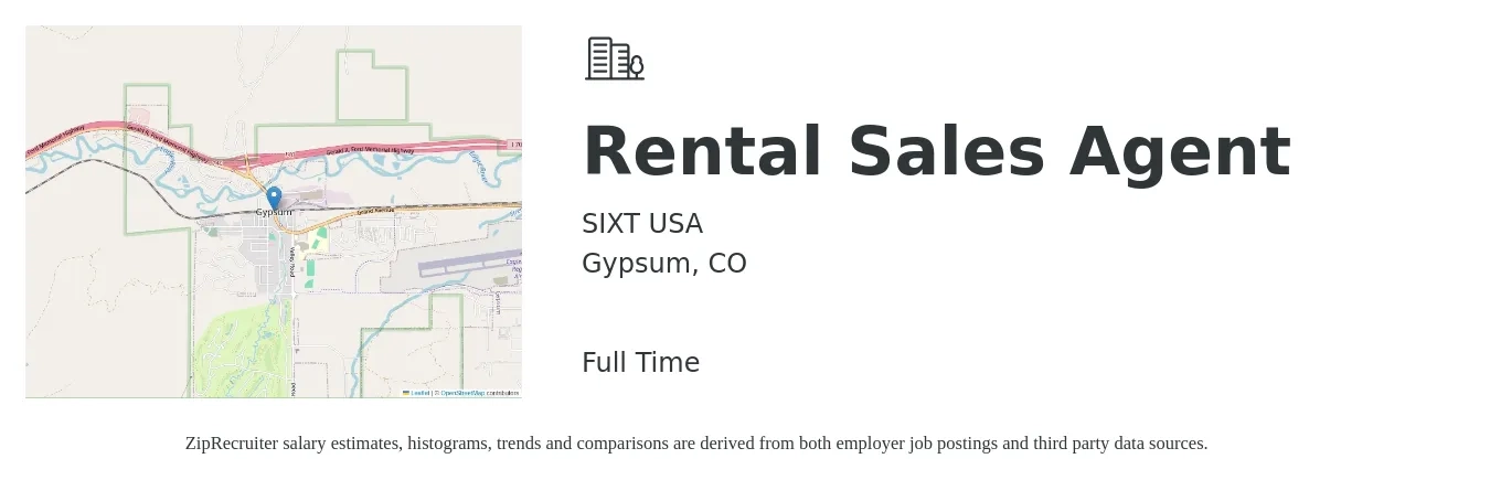 SIXT USA job posting for a Rental Sales Agent in Gypsum, CO with a salary of $17 to $57 Hourly with a map of Gypsum location.