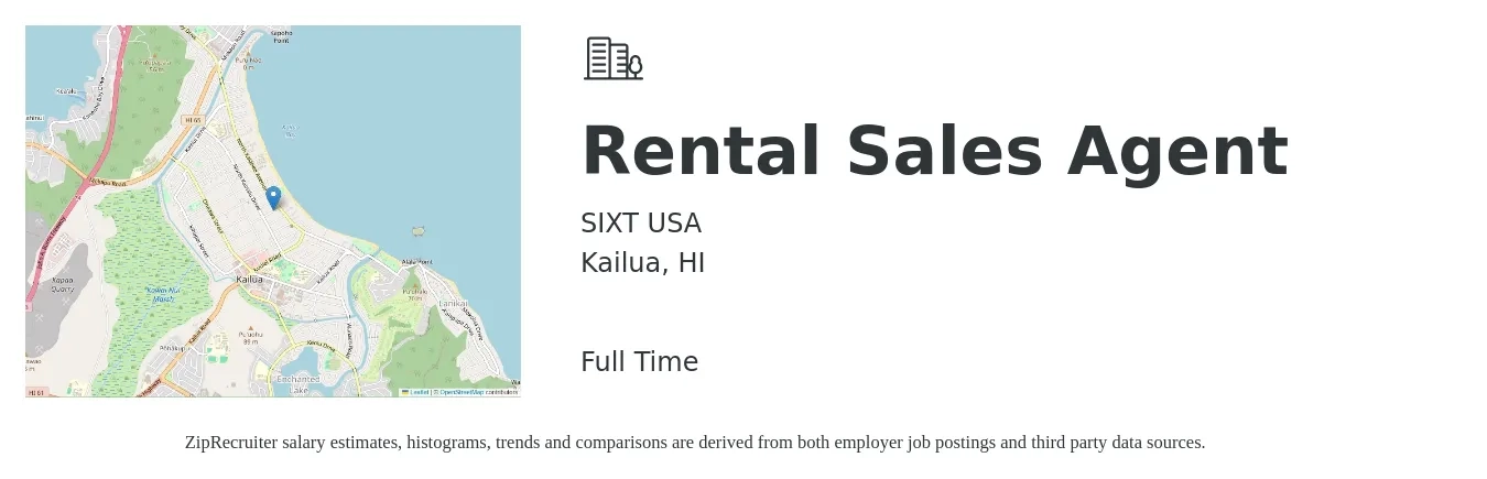 SIXT USA job posting for a Rental Sales Agent in Kailua, HI with a salary of $17 to $55 Hourly with a map of Kailua location.