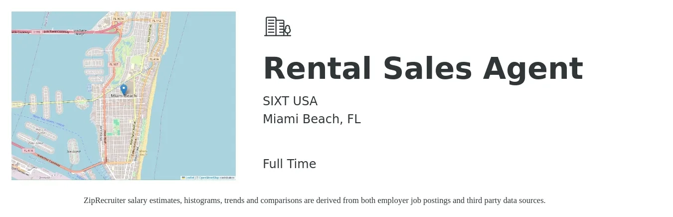SIXT USA job posting for a Rental Sales Agent in Miami Beach, FL with a salary of $16 to $52 Hourly with a map of Miami Beach location.