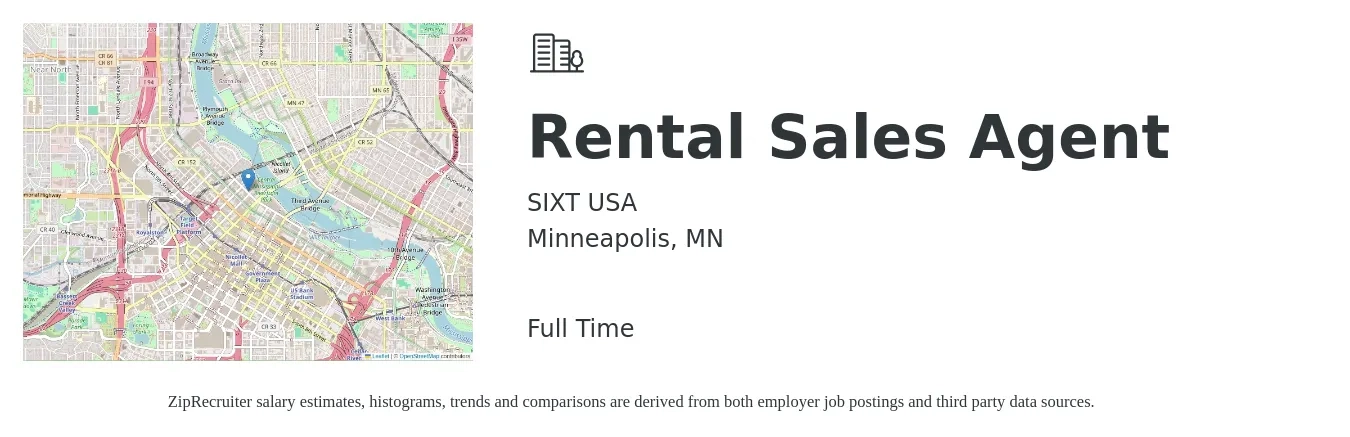 SIXT USA job posting for a Rental Sales Agent in Minneapolis, MN with a salary of $17 to $55 Hourly with a map of Minneapolis location.