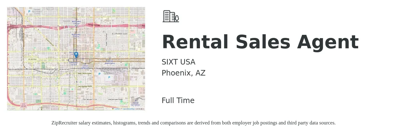 SIXT USA job posting for a Rental Sales Agent in Phoenix, AZ with a salary of $16 to $52 Hourly with a map of Phoenix location.