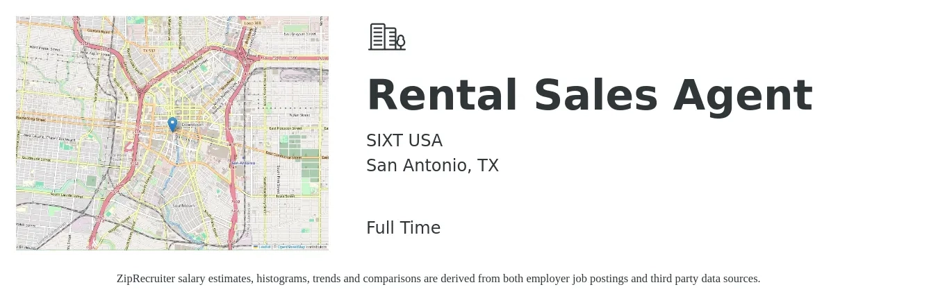 SIXT USA job posting for a Rental Sales Agent in San Antonio, TX with a salary of $14 to $48 Hourly with a map of San Antonio location.