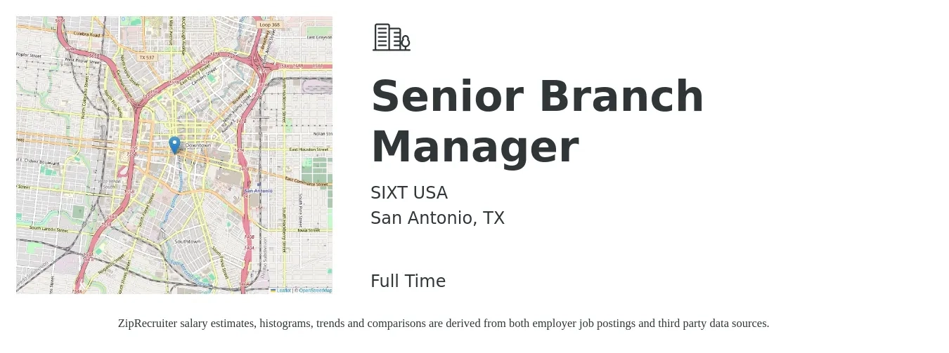 SIXT USA job posting for a Senior Branch Manager in San Antonio, TX with a salary of $20 to $29 Hourly with a map of San Antonio location.