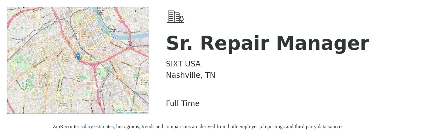 SIXT USA job posting for a Sr. Repair Manager in Nashville, TN with a salary of $51,700 to $87,900 Yearly with a map of Nashville location.