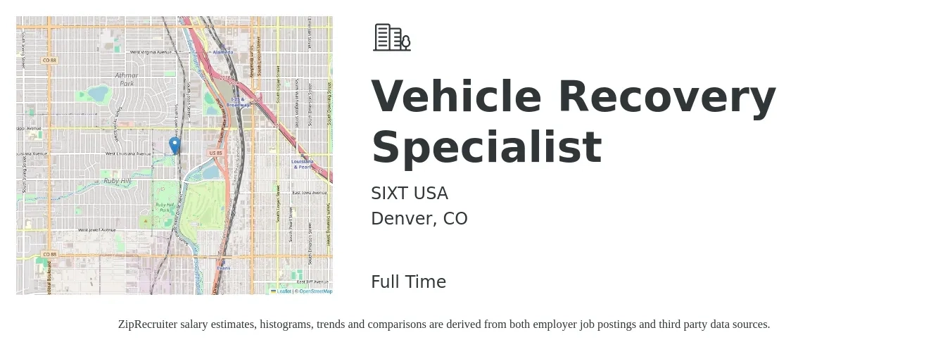 SIXT USA job posting for a Vehicle Recovery Specialist in Denver, CO with a salary of $20 to $23 Hourly with a map of Denver location.