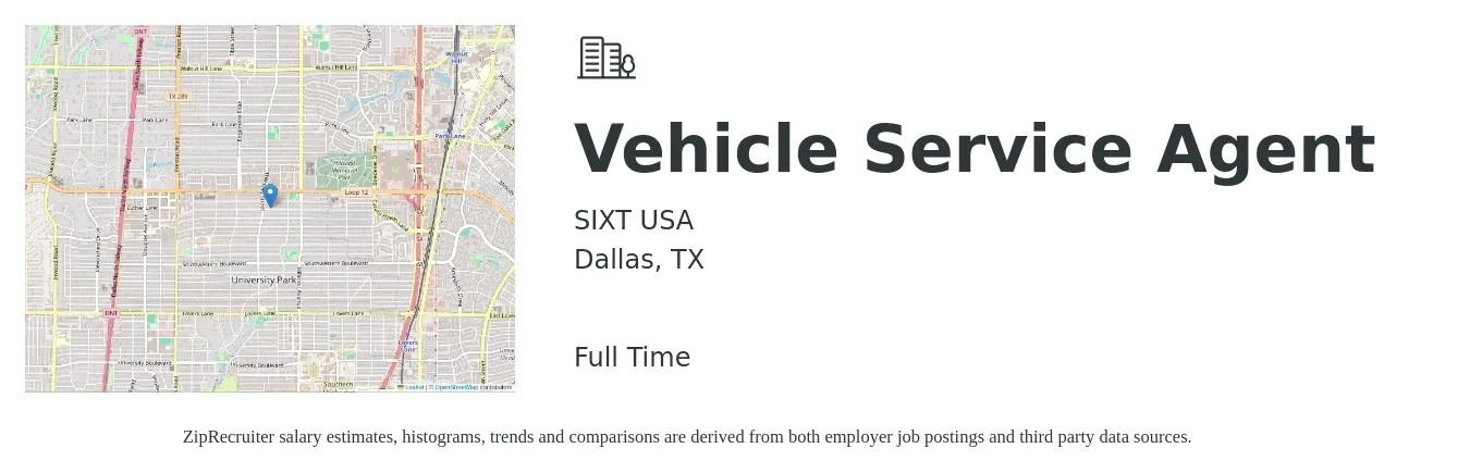 SIXT USA job posting for a Vehicle Service Agent in Dallas, TX with a salary of $15 to $26 Hourly with a map of Dallas location.