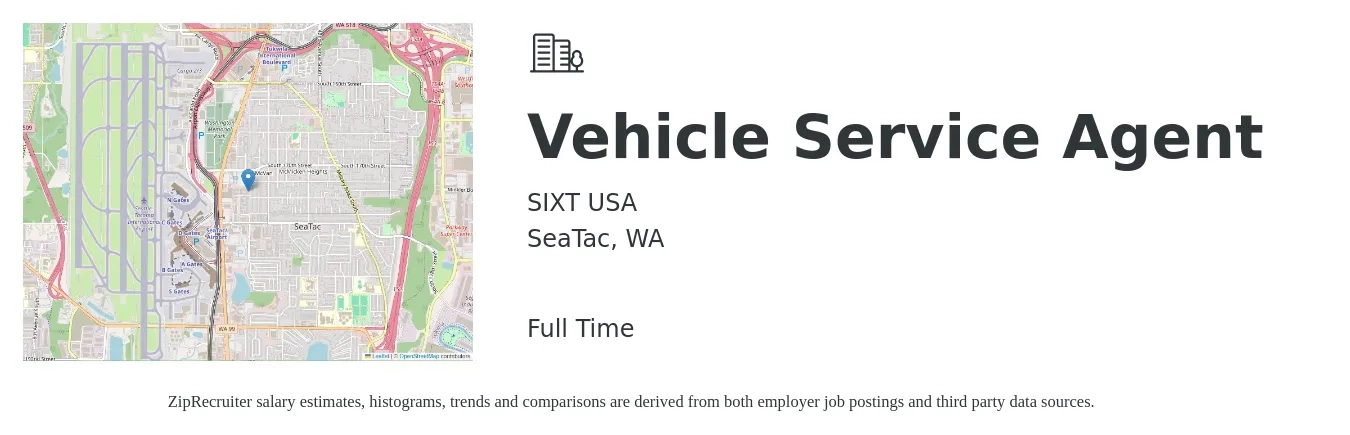 SIXT USA job posting for a Vehicle Service Agent in SeaTac, WA with a salary of $17 to $29 Hourly with a map of SeaTac location.