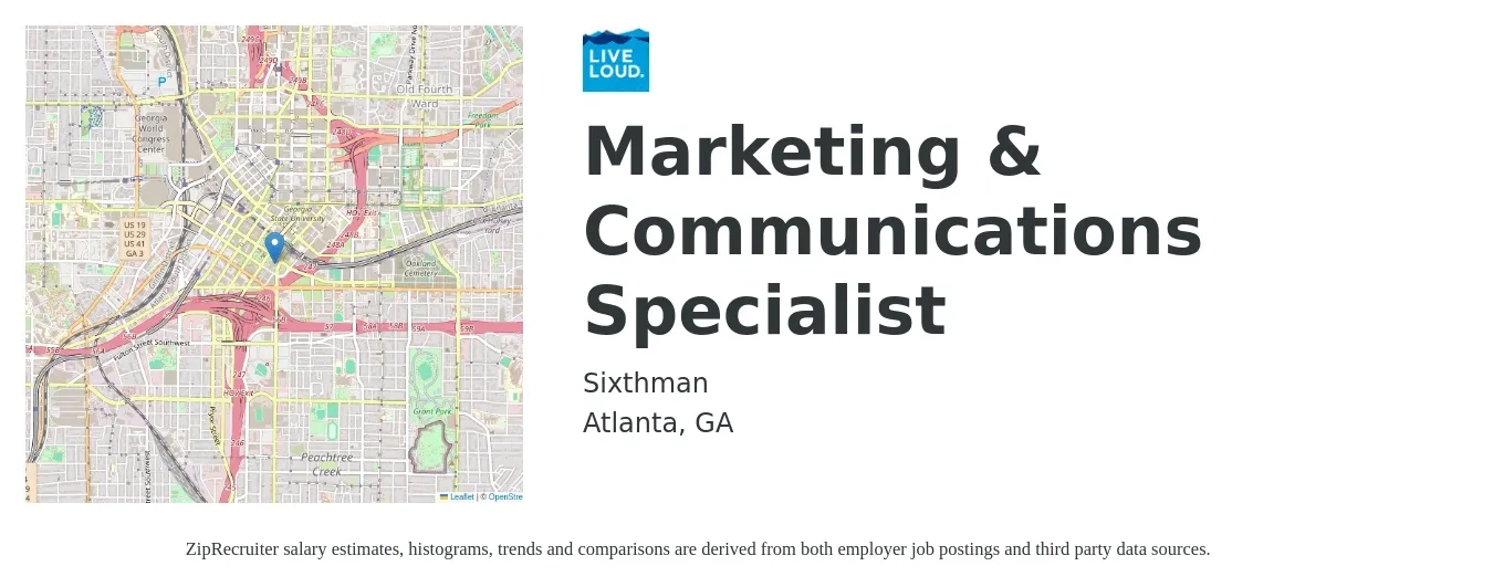 Sixthman job posting for a Marketing & Communications Specialist in Atlanta, GA with a salary of $58,200 to $76,500 Yearly with a map of Atlanta location.