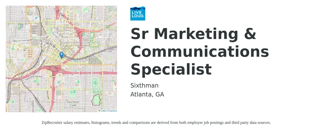 Sixthman job posting for a Sr Marketing & Communications Specialist in Atlanta, GA with a salary of $75,500 to $92,800 Yearly with a map of Atlanta location.