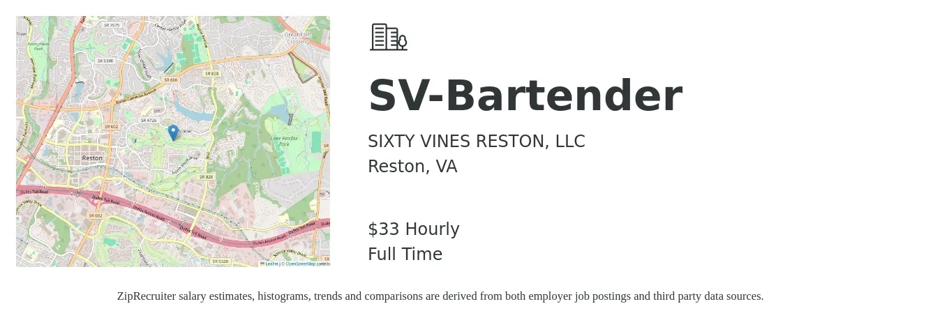 SIXTY VINES RESTON, LLC job posting for a SV-Bartender in Reston, VA with a salary of $35 Hourly with a map of Reston location.