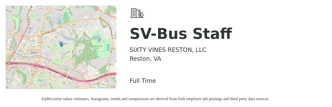 SIXTY VINES RESTON, LLC job posting for a SV-Bus Staff in Reston, VA with a salary of $14 to $19 Hourly with a map of Reston location.