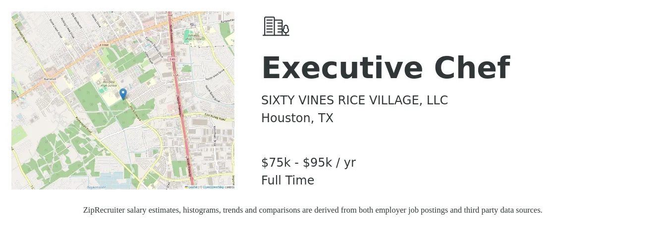 SIXTY VINES RICE VILLAGE, LLC job posting for a Executive Chef in Houston, TX with a salary of $75,000 to $95,000 Yearly with a map of Houston location.