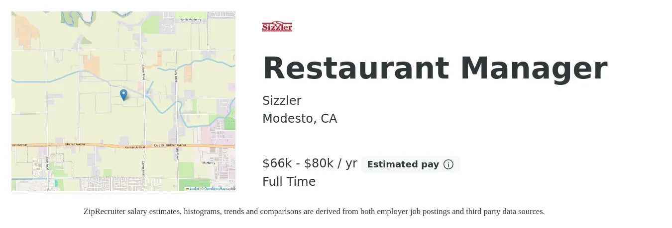 Sizzler job posting for a Restaurant Manager in Modesto, CA with a salary of $66,560 to $80,000 Yearly with a map of Modesto location.
