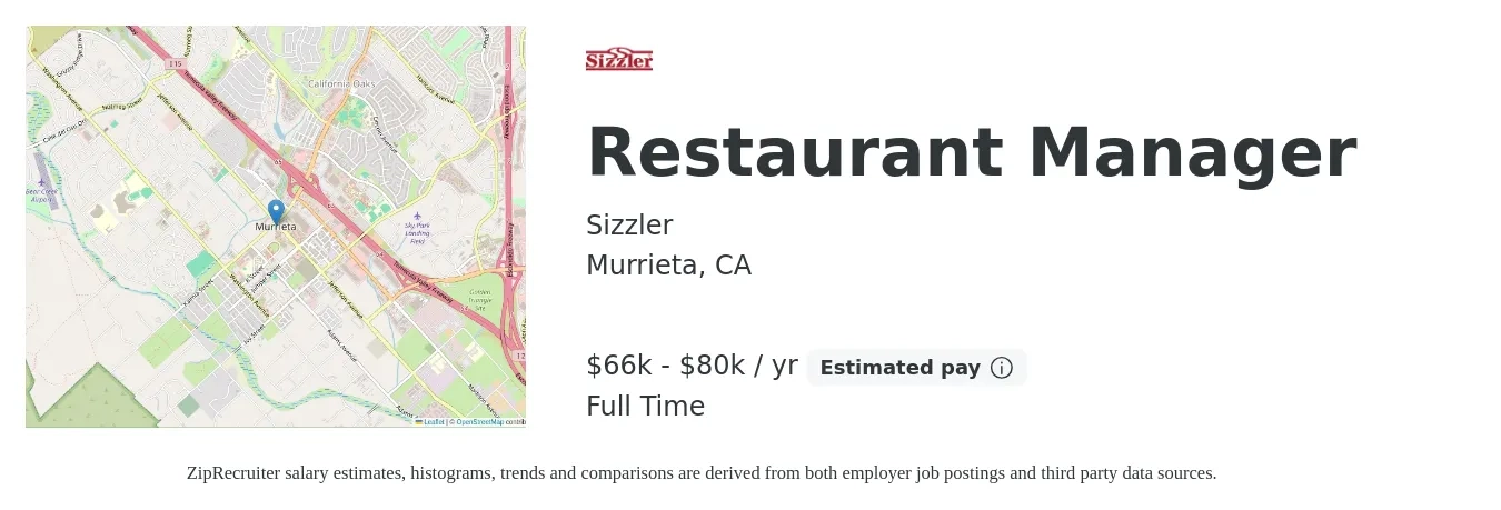 Sizzler job posting for a Restaurant Manager in Murrieta, CA with a salary of $66,560 to $80,000 Yearly with a map of Murrieta location.