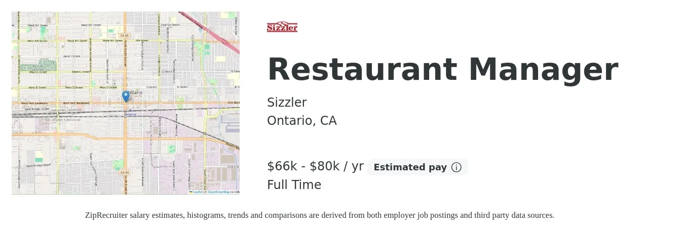 Sizzler job posting for a Restaurant Manager in Ontario, CA with a salary of $66,560 to $80,000 Yearly with a map of Ontario location.