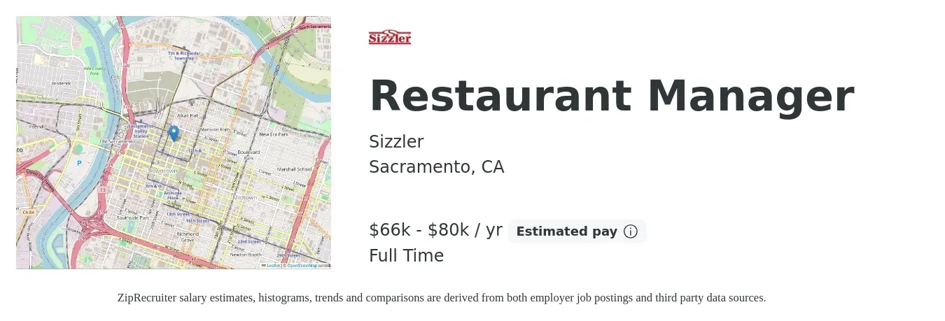 Sizzler job posting for a Restaurant Manager in Sacramento, CA with a salary of $66,560 to $80,000 Yearly with a map of Sacramento location.