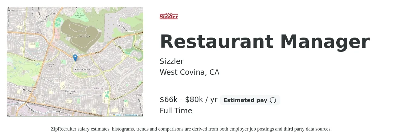 Sizzler job posting for a Restaurant Manager in West Covina, CA with a salary of $66,560 to $80,000 Yearly with a map of West Covina location.