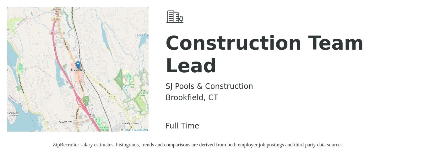 SJ Pools & Construction job posting for a Construction Team Lead in Brookfield, CT with a salary of $35 Hourly with a map of Brookfield location.